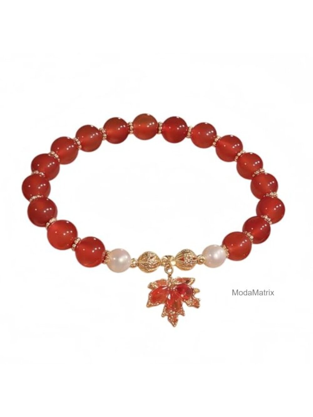 Vintage Red Beaded Bracelet Stretch Maple Leaf Bracelet Natural Jade OT Clasp